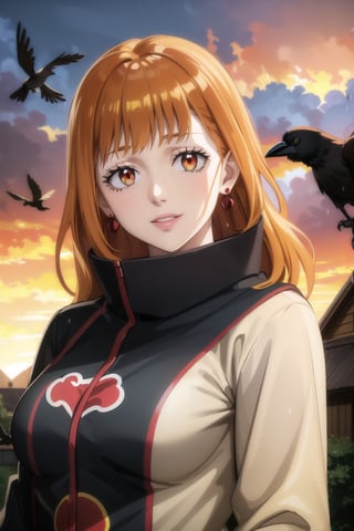 anime, hdr, soft light, ((best quality)), ((masterpiece)), (detailed), mimosa vermillion, red eyes, Sharingan, red earrings, red hair, orange hair, lips, makeup, head tilt, smile, (lips), (akatsuki outfit:1.1),high neck, high_collar, black dress, long sleeves, looking at viewer, upper body, dutch angle, village, (((crows))),sunset, rain, water drop, cloud, nature, ,akatsuki outfit, bird, crow, eagle, black feathers, bird on shoulder, sunset, orange sky, outdoors, upper body,fantasy00d,