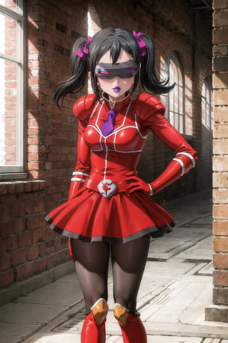 (best quality), (highly detailed), masterpiece, (official art),niko yazawa,black hair, twintails, hair ribbon, mature_female, 1girl, solo, ((head-mounted display)), ((purple lips:1.2)), (team flare:1.2),  gloves,((armor, juliet_sleeves:1.2)), long_sleeves , pleated skirt,  necktie, red dress, belt, red dress, (pantyhose, red footwear1.2), (lips:1.2), ((arms at sides)),, cowboy shot, looking at viewer, indoors, blurry background,depth of field, best quality, masterpiece, intricate details, tonemapping, sharp focus, hyper detailed, trending on Artstation, hand on hip