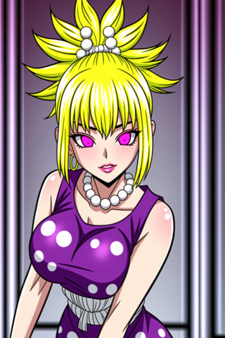 (best quality), (highly detailed), masterpiece, (official art),(kohaku, blonde hair, blue eyes, hair ornament, ponytail),(Stepford),lips, makeup, lipstick,red lips,smile, (pose),(polka dot:1.4), (polka dot dress:1.4),(pearl necklace:1.2), pearl bracelet, bare shoulders,(red dress:1.2),(aroused), nose blush ,standing, big breasts, (large pearl necklace), (hoop earrings:1.2), (intricately detailed, hyperdetailed), blurry background,depth of field, best quality, masterpiece, intricate details, tonemapping, sharp focus, hyper detailed, trending on Artstation,1 girl, high res,facing viewer, official art,,boichi anime style,,,<lora:659111690174031528:1.0>