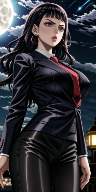 mimosa vermillion, ((black hair)), ((long hair)),  (((hoop earrings, makeup, lips))), ((large breast)) ,(((narrow_waist))), ((((black suit, black pants)))), white shirt, red necktie, 1girl, earrings, jewelry, night, solo, outdoors, city, star \(sky\), ((red necktie:1.2)), moon, night sky, red eyes, starry sky, sky, shirt, moonlight, formal, standing, full moon, suit, cowboy shot, day,  pants, blue sky,((((black business suit)))), standing,sexy lawyer,(glaring:1.2),glistening skin, (black suit:1.5),  ,<lora:659111690174031528:1.0>