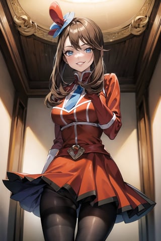 (best quality), (highly detailed), masterpiece, (official art), skyla, hair ornament, sidelocks, large breasts, long hair, one side up, short hair with long locks, brown hair, blue eyes, (team flare:1.2), gloves,juliet_sleeves, long_sleeves , pleated skirt, thighhighs, hat, thigh boots, dress, belt, red dress, pantyhose, (lips:1.2), grin, smirk, (seductive pose:1.2), cowboy shot, looking at viewer, indoors, blurry background,depth of field, best quality, masterpiece, intricate details, tonemapping, sharp focus, hyper detailed, trending on Artstation,