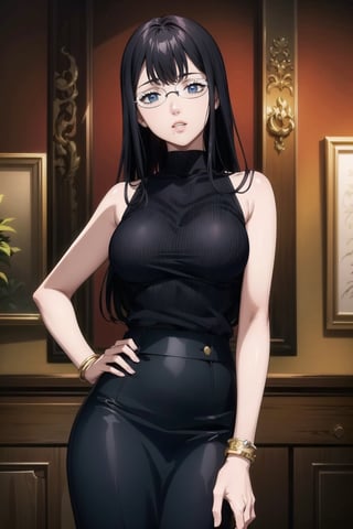 ((best quality)),  ((highly detailed)),  masterpiece,  ((official art)), (lolopechka, black hair, bangs, long hair, glasses),lips, sleeveless, bare shoulders, figure, turtleneck, ((black shirt)), black pencil skirt,(office), hand on hip, lady office, print skirt, floral print, high-waist skirt, shirt_tucked_in, building, bracelet, parted lips,  indoors, intricately detailed, hyperdetailed, blurry background, depth of field, best quality, masterpiece, intricate details, tonemapping, sharp focus, hyper detailed, trending on Artstation, 1 girl, high res, official art