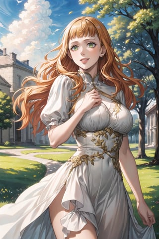 ((best quality)), ((highly detailed)), masterpiece, ((official art)), mimosa vermillion, orange hair, green eyes, floating_hair, smile, (lips), WHITE DRESS, best quality, masterpiece, intricate details, scenary, outdoors, flower, tree, day, cloud,trending on Artstation