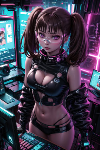 masterpiece,best quality,highres,ultra-detailed,diane, ((twintails)), purple eyes, brown hair, bangs,  ((hacker)), ,fishnets ,computer, monitor, wive, cable,(( cyberpunk)), indoors, neon nigth, jacket, ((Cyborg)), ((star wars)), chip, cyberpunk, collar, confident and curious gaze, futuristic cyberpunk hacker attire, high-tech bodysuit with glowing circuitry patterns, standing,fingerless gloves and augmented reality glasses, underground hacker den, surrounded by screens displaying code and data, typing rapidly on a holographic keyboard, exuding intelligence and tech-savviness, cyberpunk and gritty atmosphere, dark color palette with neon highlights,((cyberpunk glasses)), 