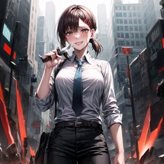 ((best quality)),  ((highly detailed)),  masterpiece,  ((official art)), 
1girl, solo, cute, brown eyes, black hair, swept bangs, single sidelock, red hairclip, lips, ((knife, holding knife)), pose:1.2, smile,sweating, crying, blushing, ,white collared shirt, black necktie, black pants, formal,cowboy shot,  (cyberpunk:1.2),  girl,  outdoors, dramatic reveal,  suspenseful,  urban environment,  mysterious ambiance,  dramatic lighting,  cinematic scene,  self-transformation,  supernatural,  otherworldly,  metamorphosis,  mystical,  mystical energy,  power awakening.,  intricately detailed,  hyperdetailed,  blurry background, depth of field,  best quality,  masterpiece,  intricate details,  tonemapping,  sharp focus,  hyper detailed,  trending on Artstation, 1 girl,  high res,  official art,kobeni higashiyama,Kobeni 