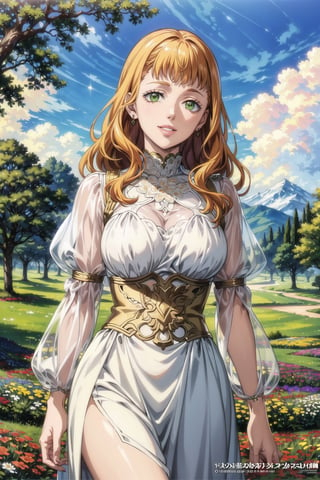 ((best quality)), ((highly detailed)), masterpiece, ((official art)), mimosa vermillion, orange hair, green eyes, floating_hair, smile, (lips), WHITE DRESS, best quality, masterpiece, intricate details, scenary, outdoors, flower, tree, day, cloud,trending on Artstation