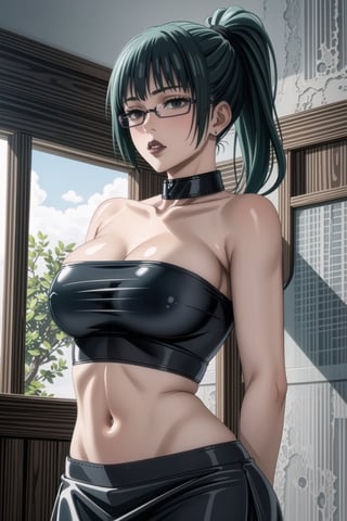 zenin_maki, green hair, ponytail, glasses, bangs, black eyes,(Black lips:1.3, lips), 1girl, solo,  looking at viewer, earrings, jewelry, blush, collarbone, jewlery, ((miniskirt)),(latex:1.4), navel, (black tank top), ((strapless:1.2)), pleated skirt, , hd quality, perfect face ,collar,b1mb0,StandingAtAttention,empty eyes,,<lora:659111690174031528:1.0>