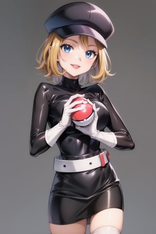 ((best quality)),  ((highly detailed)),  masterpiece,  ((official art)),  ((serena)), 1girl, solo, orange hair, blue eyes, blonde hair, short hair, bangs, poke ball, poke ball (basic), holding poke ball, black headwear, cabbie hat, hat, posing, lips, ( evil smile), ,Grunt Team Rocket, dress, black dress, (leotard, latex), long sleeves, gloves, elbow gloves, belt, grey belt, skirt, thighhighs, 1girl,simple background,smile,(sea background), posing,