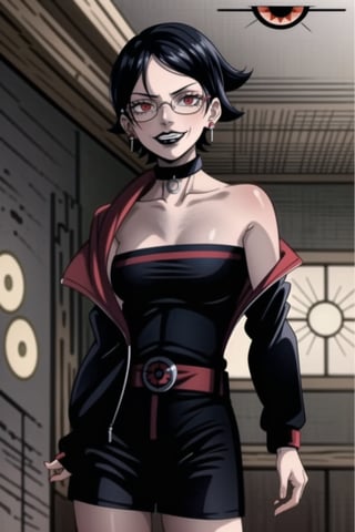 (best quality), (highly detailed), masterpiece,  (Black lips:1.4), ((smirk, grin, naughty face, seductive smile, smug)), (makeup:1.5), (lips:1.3), sarada, (mangekyou sharingan:1.2),  jewelry, earrings , choker, glasses, collarbone, bare shoulders, jacket ,  open jacket, strapless, black shorts, red belt, cowboy shot,lips, parted lips, light smile ,looking at viewer, window,  indoors,scenery, intricately detailed, hyperdetailed, blurry background,depth of field, best quality, masterpiece, intricate details, tonemapping, sharp focus, hyper detailed, trending on Artstation,1 girl, high res, official art,,,,<lora:659111690174031528:1.0>