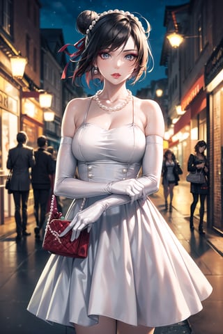(best quality), (highly detailed), masterpiece, (official art), ,(ruby rose:1.2, hair bun:1.3), (makeup:1.5), (lips:1.3), parted_lips, blue earrings:1.3,jewelery:1.3,((long sleeves,  elbow gloves:1.2,dress, ribbon, ccollarbone, white dress:1.3,  pearl necklace:1.3, holding, holding bag, v arms:1.3)), looking at viewer, china, asiática, city, night, sky,  (intricately detailed, hyperdetailed), blurry background,depth of field, best quality, masterpiece, intricate details, tonemapping, sharp focus, hyper detailed, trending on Artstation,1 girl, high res, official art,StandingAtAttention,bestiality