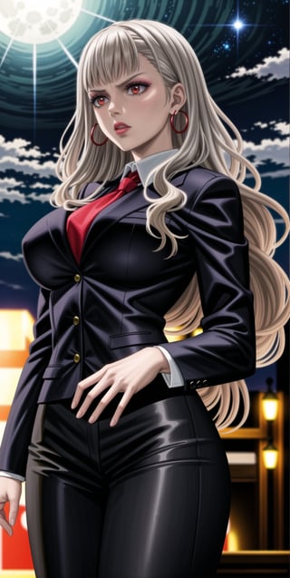 mimosa vermillion, ((silver hair)), ((long hair)),  (((hoop earrings, makeup, lips))), ((large breast)) ,(((narrow_waist))), ((((black suit, black pants)))), white shirt, red necktie, 1girl, earrings, jewelry, night, solo, outdoors, city, star \(sky\), ((red necktie:1.2)), moon, night sky, red eyes, starry sky, sky, shirt, moonlight, formal, standing, full moon, suit, cowboy shot, day,  pants, blue sky,((((black business suit)))), standing,sexy lawyer,(glaring:1.2),glistening skin, (black suit:1.5),  ,<lora:659111690174031528:1.0>