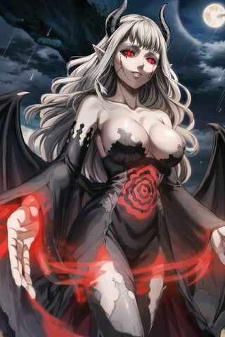 ((best quality)), ((highly detailed)), masterpiece, ((official art)),mimosa vermillion, wavy hair,looking at viewer, (demon girl:1.2), demon wings, (gray skin:1.3), evil smile, (chest tattoo:1.1),(red glowing), glowing eyes, (red eyes:1.2), (black sclera:1.35) ,colored sclera,parted lips, best quality, masterpiece, intricate details, scenary, outdoors, (rain:1.1), night, sky, moon, scenary, outdoors, night, sky, red_moon, bloody stream, intricately detailed, hyperdetailed, blurry background,depth of field, best quality, masterpiece, intricate details, tonemapping, sharp focus, hyper detailed, trending on Artstation,1 girl, high res, official art