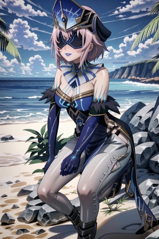 ((best quality)),  ((highly detailed)), (lisbeth, pink hair, hairclip, freckles) , masterpiece, 1girl,  evil smile:1.2, smug, seductive smile, solo, ,lips, makeup, ,standing,  ((blindfold, mask, eye mask)),MirrorMaiden, dress, cleavage, makeup, lipstick, ((blue lips:1.2)), blue headwear, hat, fur trim, blue gloves, gloves, elbow gloves, white pants,boots,  blush, beach, sand, water, posing, outdoors,<lora:659111690174031528:1.0>