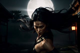 (best quality,4k,highres,masterpiece:1.2),ultra-detailed,(realistic:1.37),night,black-clad kunoichi emerging from darkness with numerous scars,stealthily dancing shadows,deadly silent,eyes gleaming with determination,strong physique,powerful presence,vivid colors,dynamic composition,sharp focus,nighttime ambiance,subtle moonlight filtering through the trees,aura of mystery and danger,high contrast lighting,striking pose,fierce expression,her weapon of choice: a shining katana,whirling winds of the night,flowing hair,deft movements,flawless agility,exquisite attention to detail,dark silhouette against the night sky,perfect harmony of strength and grace,intense atmosphere,background featuring an ancient Japanese temple shrouded in mist,an air of ancient legends and tales,majestic cherry blossom trees,faces of past ninja warriors etched on the walls,an homage to a rich history,secretive mission,unseen enemies lurking in the shadows,a thrilling adventure waiting to unfold.