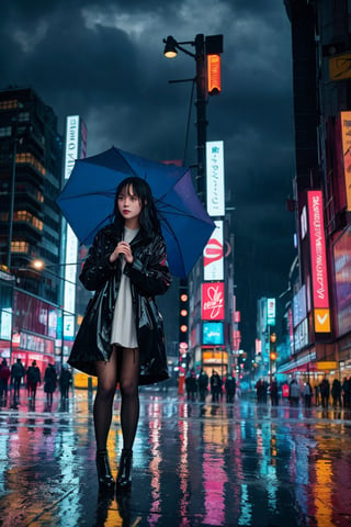 a girl in a rainy city, holding an umbrella, her clothes drenched, water dripping from her hair, her face showing a mix of determination and sadness, the city streets wet and glistening, reflecting the neon lights, the sound of raindrops hitting the ground, the vibrant colors of the umbrellas of passersby, capturing the moment of vulnerability and strength (material: oil painting), (best quality, highres:1.2), ultra-detailed, (realistic:1.37), vivid colors, portraits, moody atmosphere, cityscape, rainy day, wet streets, neon lights, determination, vulnerability, strength