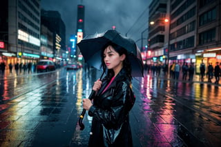 a girl in a rainy city, holding an umbrella, her clothes drenched, water dripping from her hair, her face showing a mix of determination and sadness, the city streets wet and glistening, reflecting the neon lights, the sound of raindrops hitting the ground, the vibrant colors of the umbrellas of passersby, capturing the moment of vulnerability and strength (material: oil painting), (best quality, highres:1.2), ultra-detailed, (realistic:1.37), vivid colors, portraits, moody atmosphere, cityscape, rainy day, wet streets, neon lights, determination, vulnerability, strength