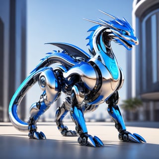 An amicable-looking robotic dragon,  designed with futuristic,  blue,  sleek metallic detailing,  referencing futuristic concept art by US company., 3d style,Enhance,Metallic Dragon,Wonder of Art and Beauty