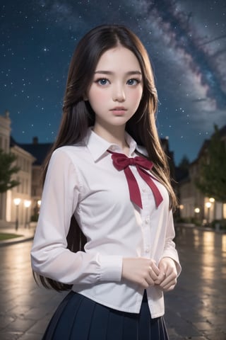 masterpiece, best quality, 1 girl, solo, ((an extremely delicate and beautiful)),school uniform, italian girl ,age 18, milky white skin,beautiful detailed eyes, at night , beautiful starry sky, ,Enhance
