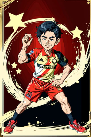 Masterpiece, best quality, 8k, Caricature figure of 1young Vietnamese soccer player, wears Vietnam national team uniform, background is solid red includes 1 big golden star