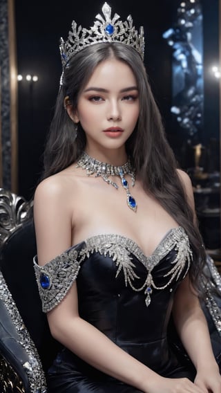 (((masterpiece))),best quality, illustration,(beautiful detailed girl), a girl ,solo,bare shoulders,flat_chst,diamond and glaring eyes,beautiful detailed cold face,very long blue and sliver hair,floaing black feathers,wavy hair,black and white sleeves,gold and sliver fringes,a (blackhole) behind the girl,a silver triple crown inlaid with obsidian,(sit) on the black ((throne)), (depth) of (field)