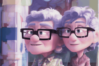 (((masterpiece))), best quality,  they are (husband and wife). They are talking when sitting on the sofa. Husband: about 65yo,  wear glasses,  white hairWife: 62yo, ,  brown hair,  doesn't wear glasses., Pixar Up 2009 style, Wonder of Art and Beauty, old_aged Pixar Up 2009 style,old_aged Pixar Up 2009 style