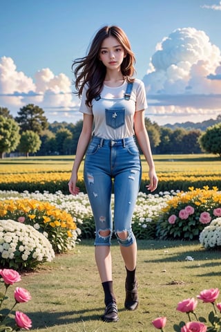 background is flower field,grass field,horizon,wind blowing,petals blowing,16 yo, 1 girl, beautiful girl,smile, wearing denim overalls skirt,long socks,standing on flower field,holding buquet, cowboy shot,very_long_hair, hair past hip, bangs, curly hair, realhands, masterpiece, Best Quality, 16k, photorealistic, ultra-detailed, finely detailed, high resolution, perfect dynamic composition, beautiful detailed eyes, ((nervous and embarrassed)), sharp-focus, full body shot,pink flower,flower.,Hyper,Attractive Vietnamese Girl,Perfect Anything