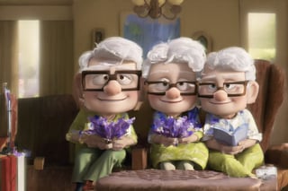 (((masterpiece))), best quality, they are (husband and wife). They are talking when sitting on the sofa.  Husband: about 65yo, wear glasses, white hair Wife: 62yo, , brown hair, doesn't wear glasses. , Pixar Up 2009 style, Wonder of Art and Beauty, old_aged Pixar Up 2009 style,