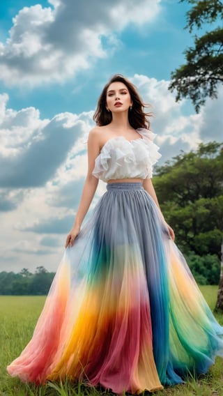 Inspired by photography from Vogue magazine, On a cloudy day, a woman is wearing a romantic transparent gauze, like clouds, a colorful long skirt, the woman's face is looming, the atmosphere is like smoke and a dream, it is indescribably beautiful.,Retouch all bugs,Melody,Enhanced All