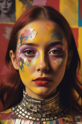 the portrait shows many newspaper stories painted onto a girl's face, in the style of psychadelic surrealism, poodlepunk, fashion photography, young british artists (ybas), photo taken with provia, dark yellow and red, wildstyle,Split lighting,Melody