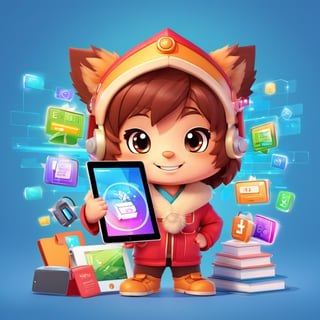 Chibi Mascot with head of a Ipad, screen streaming an apps for learning , holding a voucher,Split lighting,3d style