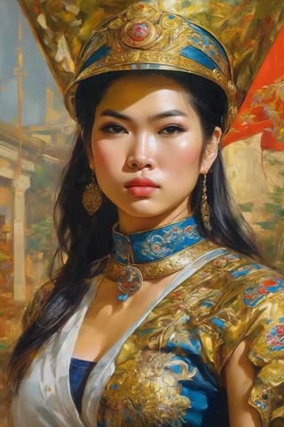 detailed full-length picture, masterpiece, best quality, ultra high resolution, visually stunning, beautiful, award-winning art (abstract art: 1.3), beautiful ))), oil painting Portret of a punk  pretty Vietnamese ancient female general  - , , detailed face, whole body, Watercolor, trending on artstation, sharp focus, studio photo, intricate details, highly detailed, by greg rutkowski, more detail XL, hyper detailed, realistic, oil painting, by julie bell, frank frazetta, cinematic lighting,Vietgirl,Worldwide trending artwork
