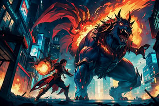 art by Nguyen Lan, ( extremely beautiful:1.4), (masterpiece, best quality:1.4) , two enemies fight in a cityscape and in the background a giant monster breathing fire from its mouth ,Movie Still
