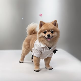 Masterpiece, high quality, happy photography, A pomeranian head baby boy in black suit, realistic leathershead, white shirt, black pant, Black bow , black shoes, animal hand,animal feet, detail leather head, holding a bubble tea pack, solid color background,Enhance,Retouch all bugs,Modern