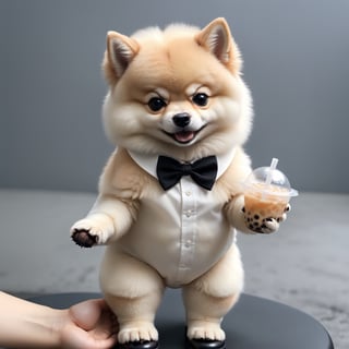 Masterpiece, high quality, A little baby pomeranian in black suit, cute baby face, white shirt, black pant, Black bow , black shoes, animal hand,animal feet, detail round head, holding a bubble tea pack, solid color background,Enhance,Retouch all bugs,Modern