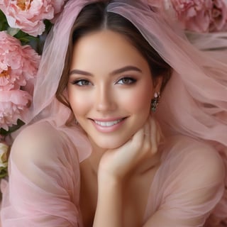 1 young woman, in her 20s, beautiful detailed eyes,beautiful detailed lips, happy face,long eyelashes,brown hair,light and delicate pink blush,sparkling eyes,happy smile, full-body visible,  (((full-body_portrait))), Marlene Favela