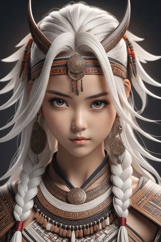 ((full body)) body_marking, highly detailed shot tribal version character of cute artist in Japanese Manga, masterpiece artwork, white accent, detailed face features, subtle gradients, extremely detailed, photorealistic, 8k, centered, perfect symmetrical, studio photography, muted color scheme, made with adobe illustrator, solid dark background 