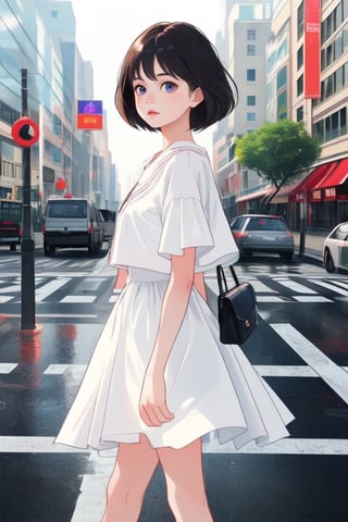  A girl standing at the center of an 
intersection, ,Young beauty spirit ,Enhance
