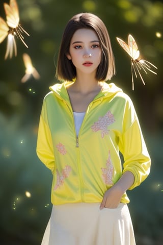 vibrant colors, female, masterpiece, sharp focus, best quality, depth of field, cinematic lighting, ((solo, one woman )), (illustration, 8k CG, (extremely detailed), masterpiece, ultra-detailed, a girl with short blonde hair and red eyes, a white  jacket with floral motifs, skirts,and a yellow t-shirt, amidst a background composed of fantastic elements sakura trees, clouds, ,light,firefliesfireflies,detail,green theme,1 girl,Young beauty spirit 