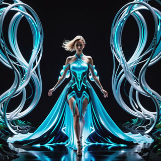 The character walks through this surreal scene, and the dress comes to life, blending seamlessly with the environment. Its fabric is a combination of organic and synthetic materials, illuminated by pulsating bioluminescent veins, echoing the city's heartbeat. The dress symbolizes the balance between organic and mechanical, a testament to the unique coexistence of nature and technology in this world.