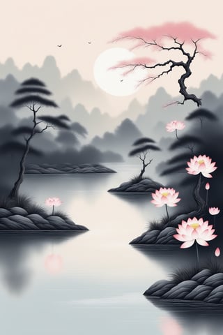 ink scenery, no humans, lake, trees, sunset, muted colors, blooming branches with pink flowers, flowers fall on the water, lotus flower on the water, lake in the middle of the forest, negative space, chinese ink drawing,Unique Masterpiece
