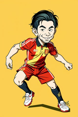 Masterpiece, best quality, 8k, caricature style, 1 Caricature figure of 1young Vietnamese soccer player, Vietnam national team uniform, Red and yellow abstract background,famous talented man