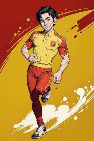 Masterpiece, best quality, 8k, caricature style, 1 Caricature figure of Le Cong Vinh, head, legs, feet, Vietnam national team uniform, Red and yellow abstract background