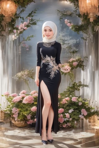 masterpiece, best quality, highres, hijab, (((full body, oval body shape))), beautiful round face, warm smile, Soft brown eyes, curly eyelashes, expression full of warmth and kindness, 32k, 8k, high_resolution,graveline,perfect light, ,Provocative,Wonder of Art and Beauty