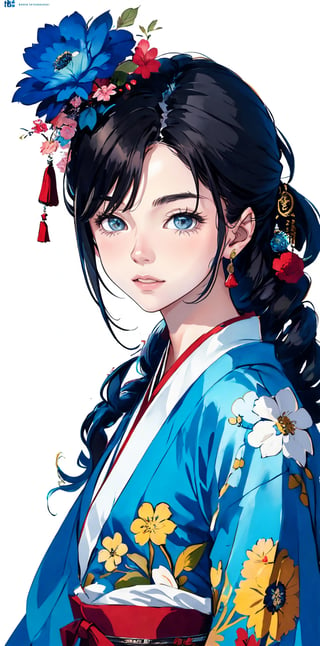 1girl, half body portrait, (age 13-16:1.4), gorgeous, (dynamic pose:0.8),studio lighting, white background, Swedish-japanese  teen top model, bang, curly long hair, buns, heterochromia, blue Viet traditional costume,Worldwide trending artwork