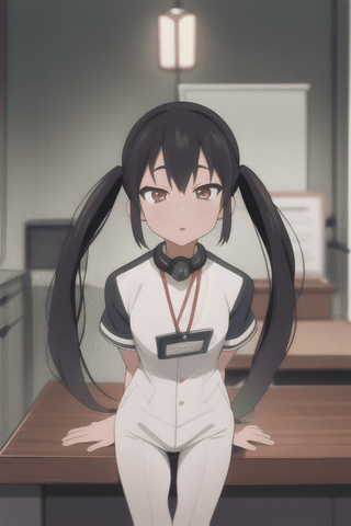 Absurd, high resolution, super detailed backgrounds, 1 girl,cuátomer service officer, talking to client on headphone,azusa nakano,Twintails,