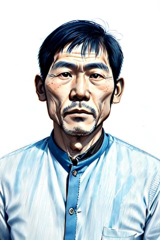 Sketch portrait of a Vietnamese man, circa 1980. . His smooth face, free from whiskers (râu ria), is illuminated by soft, warm lighting that accentuates his gentle features.