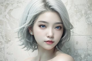 1girl, solo, looking at viewer, short hair, upper body, white hair, lips, grey eyes, realistic