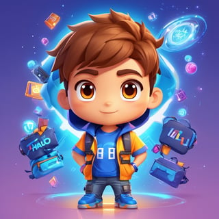 Chibi Mascot with head of a boy, wearing t-shirt that says "Halo",  holding a bag,Split lighting,3d style