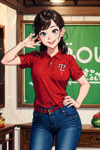 Caricature figure of a young Asian girl, 17yo, wears red polo shirt and jeans, smiling and do the "thank you" signal in Thai style.