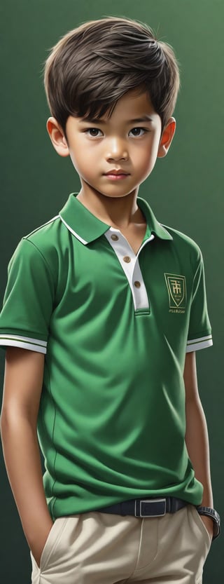 ((full body)) body_marking, highly detailed shot tribal version character of cute handsome Vietnamese boy kid in all-green-polo-shirt has a big hashtag "#TDNM", masterpiece artwork, white accent, detailed face features, subtle gradients, extremely detailed, photorealistic, 8k, centered, perfect symmetrical, studio photography, muted color scheme, made with adobe illustrator, solid dark background 